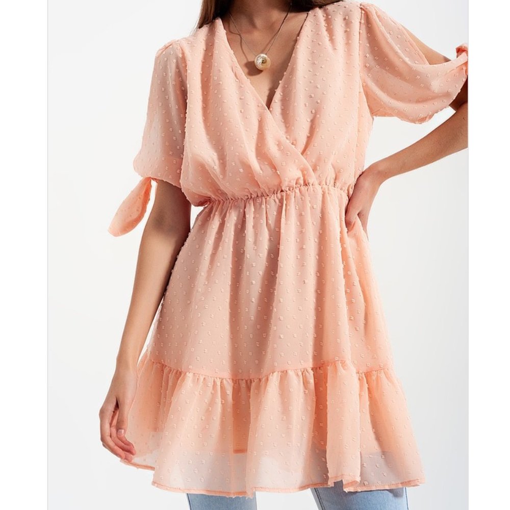 Q2 Pink Wrap Front Mini Dress with Tie Sleeves‎